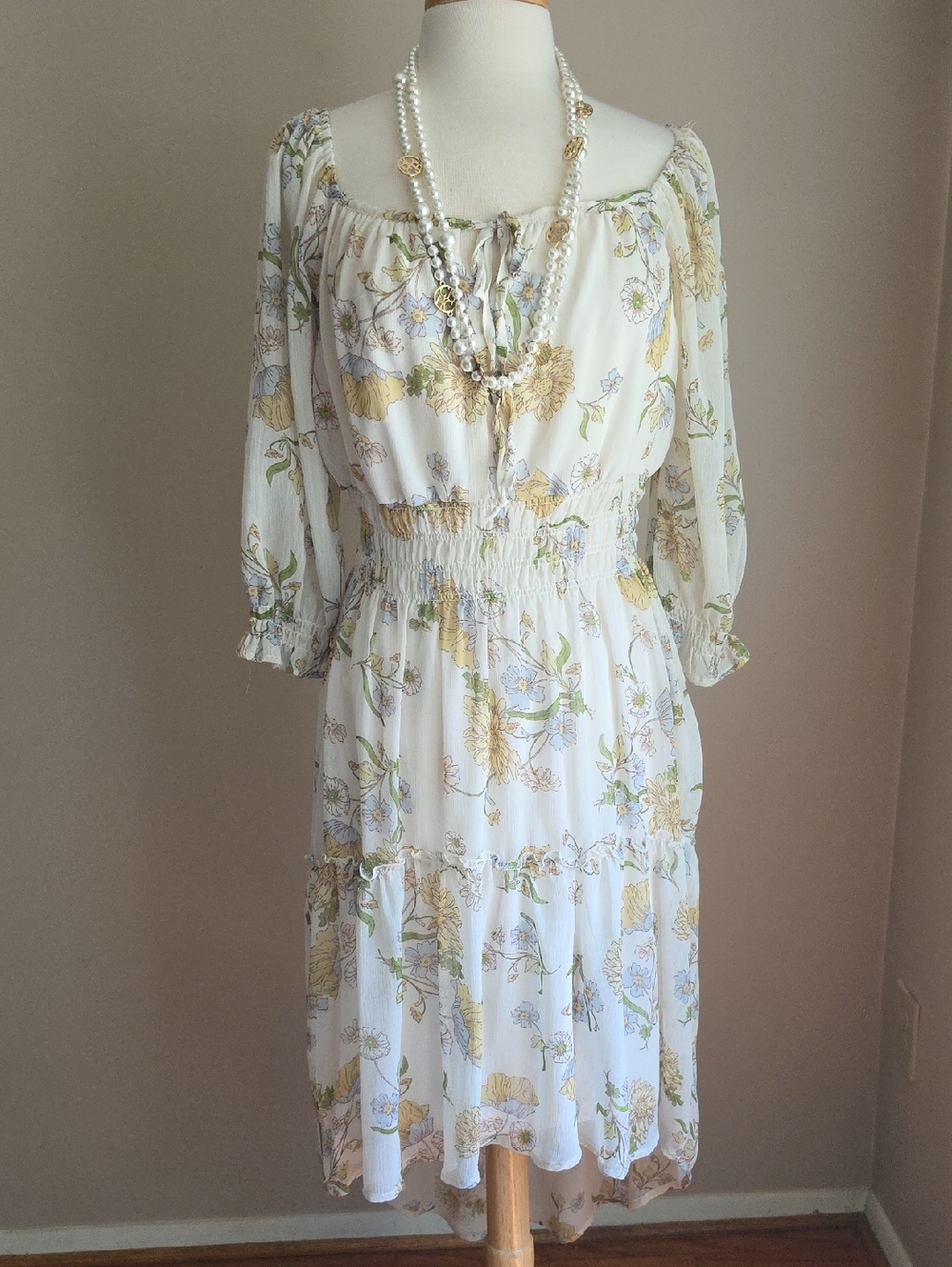 White Floral Smocked Midi Dress with Yellow, Blue, & Green Accents